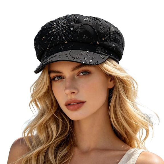 Lady's Sequin Newsboy Caps Breathable Lightweight and Comfortable Hats for Women Black One Size