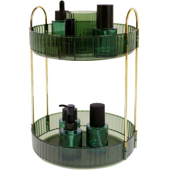 DEBGFS 2 Tier Rotating Makeup Organizer 360° Spinning Cosmetic Dresser Organizer Large Capacity Make Up Shelf Space Saving Detachable Makeup Turntable Organiser for Bathroom