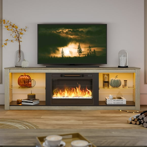Bestier Modern Electric Fireplace TV Stand for TVs up to 75" with LED Light, Wash White