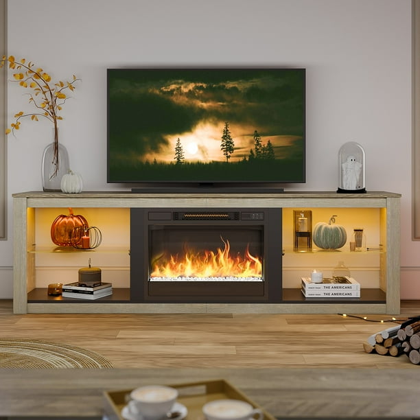 Bestier Moderne Cheminée TV Support pour Téléviseurs jusqu'à 75" avec Lumière LED, Lavis Blanc