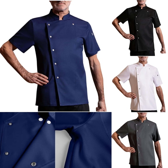 Lovzfmll Men's Solid Color Chef‘s Work Shirt, Breathable Short Sleeve Top with Snap Button Front, Professional Kitchen Uniform