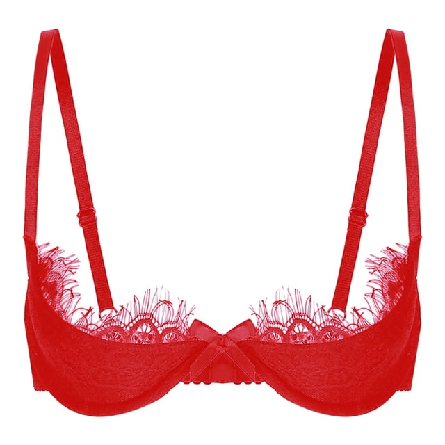 Lingerie pour Femmes Dentelle Florale Transparente Soutien-Gorge à Armatures Bretelles Réglables Non Doublé Rouge B L