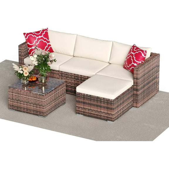 IdeaHouse 5 Pieces Patio Furniture Set, Rattan Outdoor Sofa Set with Anti-Slip Cushions, All-Weather Wicker Sectional Sofa with Glass Coffee Table & Ottoman for Balcony, Porch, Garden, Beige