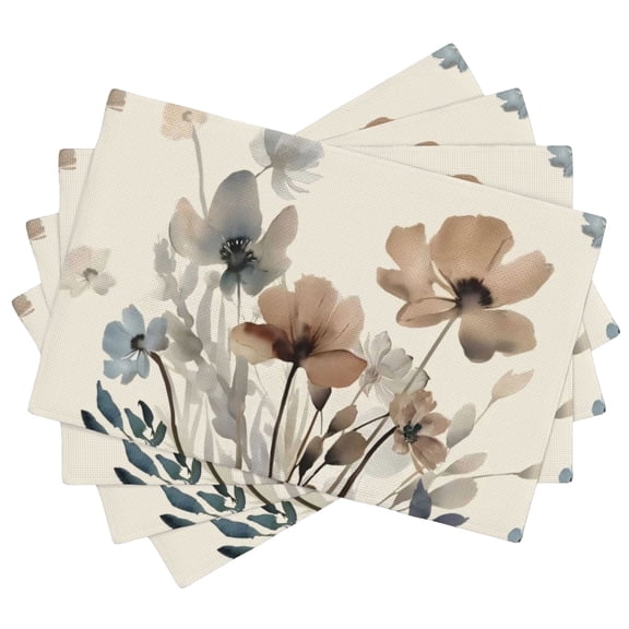 Placemats Set of 4, Spring Summer Washable Heat Resistant Linen Place Mats 12×18, Brown Poppy Floral Leaves Decorative Table Mats for Dining Table and Kitchen