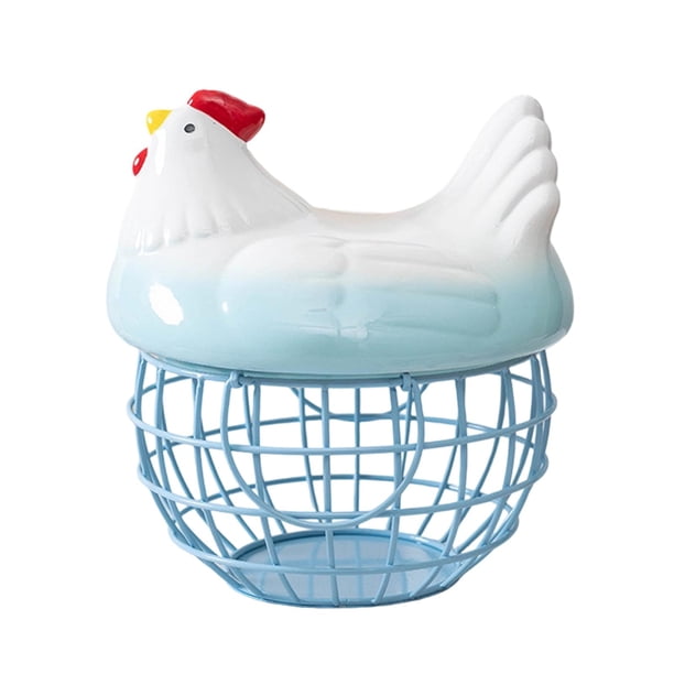 Cesta para huevos de gallina, frutero con tapa de cerámica con forma de gallina, cesta decorativa para guardar huevos. Azul