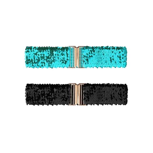 Cinturones Anchos para Mujeres INSPIRE CHIC con Hebillas de Interbloqueo, Brillantes y Elásticos, 2 Piezas, Azul