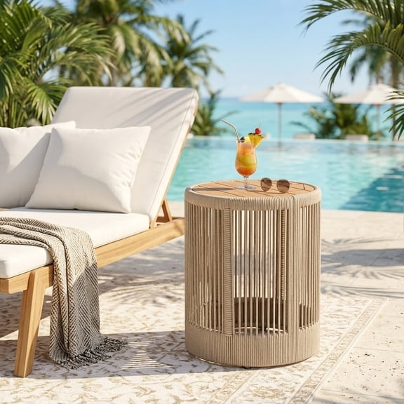 HomyCasa 18" Modern Outdoor End Table, Round Rope Woven Side Table with Acacia Wood Top for Patio, Balcony, Deck and Garden, Beige