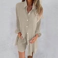 thumbnail image 2 of Conjunto de dos piezas de color liso para mujer: camisa con solapa/pantalones anchos, poliéster, corte holgado, cintura alta, apto para primavera/verano/otoño., 2 of 5