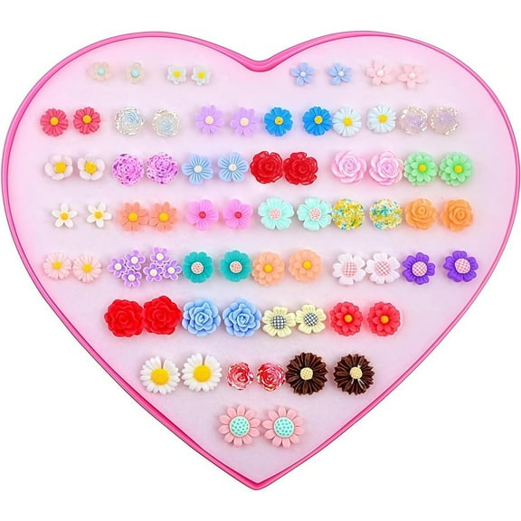 36 Pairs Hypoallergenic Flower Stud Earrings Rose Sunflower Daisy Earrings Posts with Heart Gift Box Sets for Women Sensitive Ears Daily Sport Party, Resin