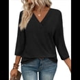 thumbnail image 3 of Blusas de Mujer con Mangas 3/4 y Cuello en V, Estilo Túnica Informal, Básicas, Holgadas Negro L, 3 of 6