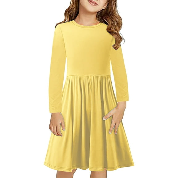Lenpel Girls' Long Sleeve Dresses Casual Crew Neck Solid Color A-Line Dress Spring Fall Outfits for 4-14 Years