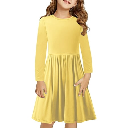 

Kids Polka Dress Girls Long Sleeve Solid Color Stretchy Dress a Line Twirly Skater School Recital Dress Girls Knit Dress Yellow 4Y