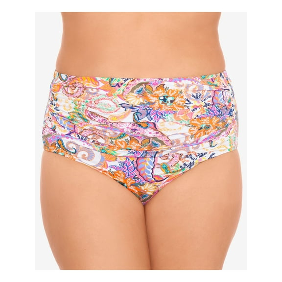 LAUREN RALPH LAUREN Women's Orange Paisley Stretch Allover Slimming Ruched Full Coverage High Waisted Swimsuit Bottom 18W