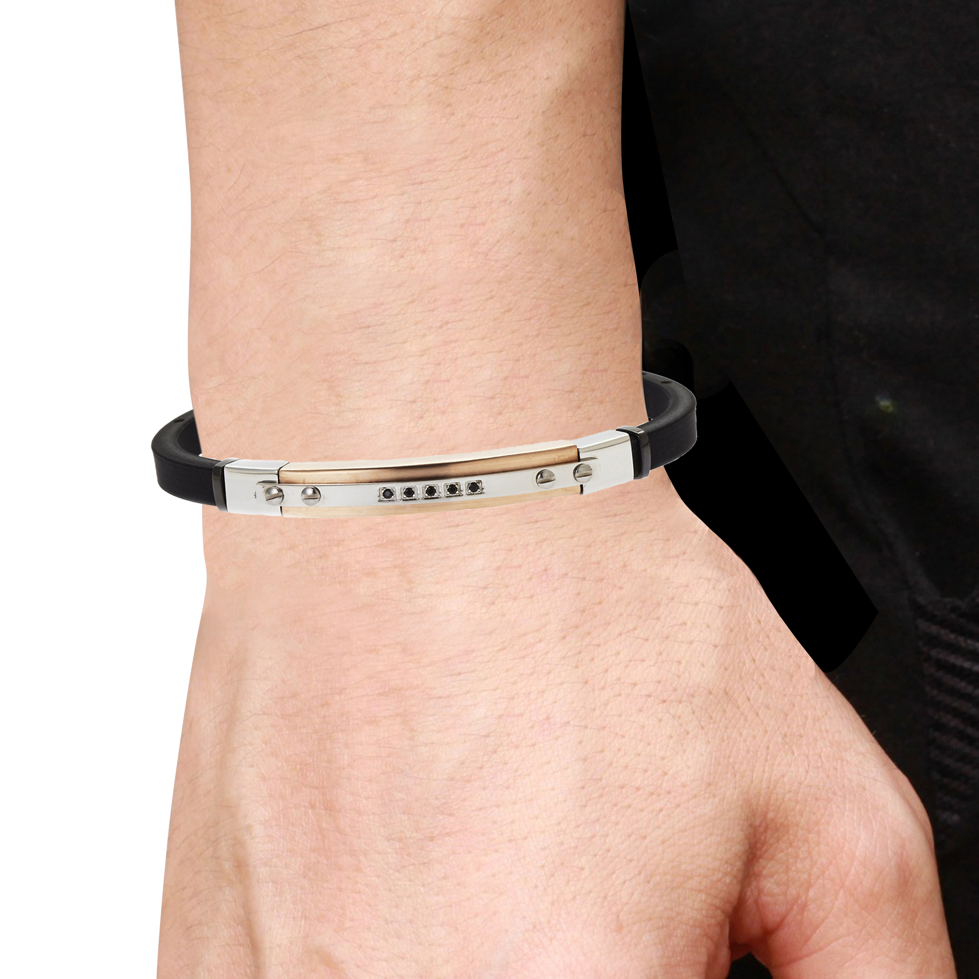 Arista Cubic Zirconia Diamonds Men's Bracelet in Black Rubber And Rose Plated Stainless Steel , 8.5"