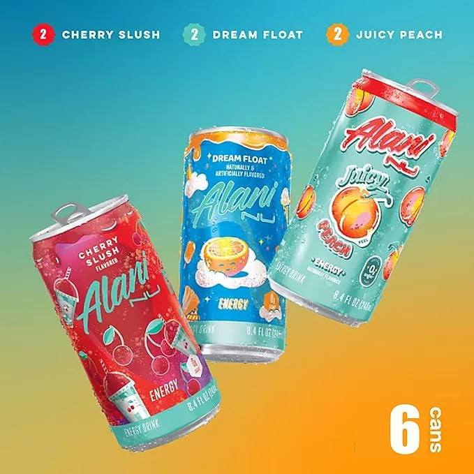 New Alani Mini Energy Drinks, Dream Float, Cherry Slush, Juicy Peach Variety Pack, Sugar Free, Low Calorie, Energy Boost Drinks 8.4oz Cans (6 pack)