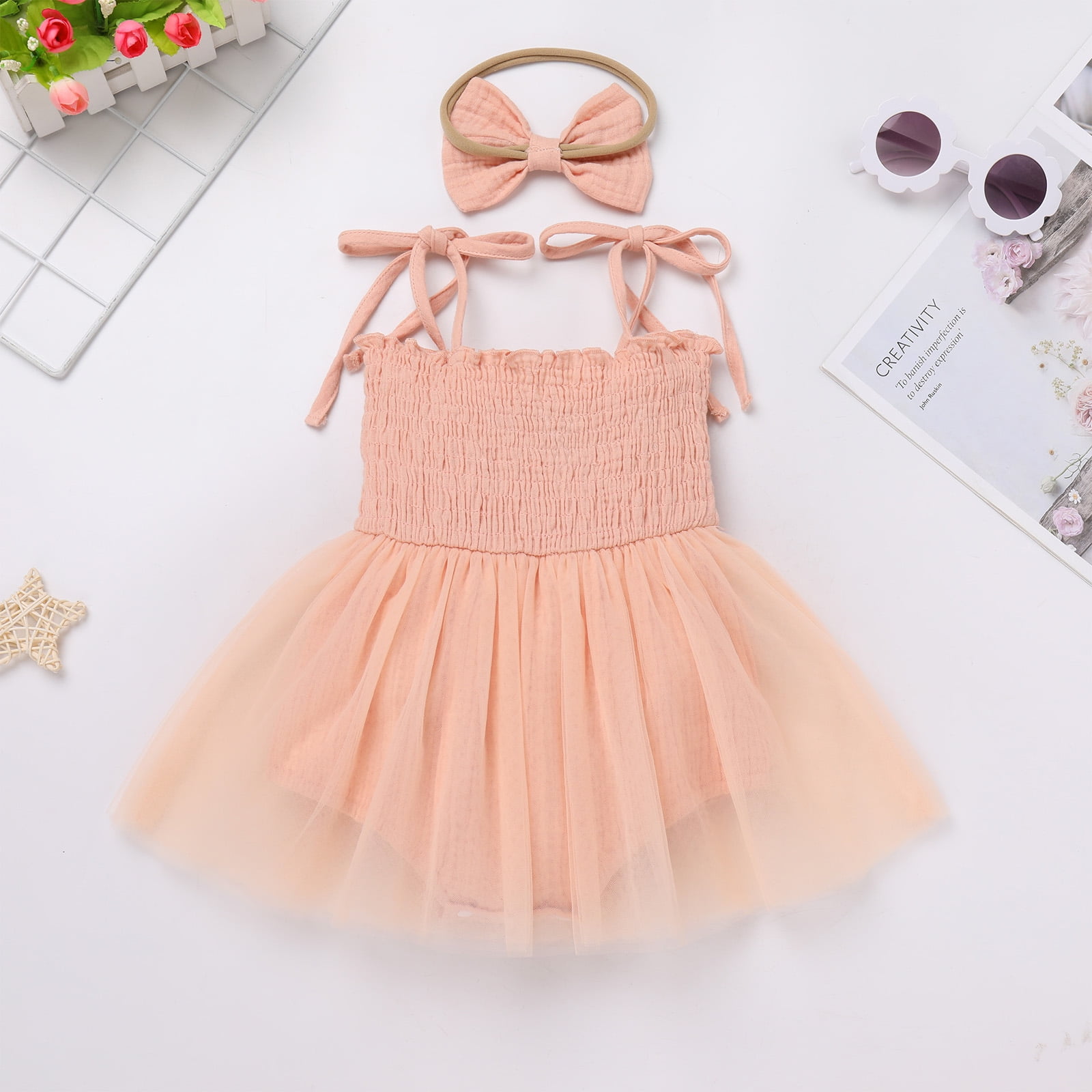 IDOPIP Baby Girls 1st Birthday Outfit Spaghetti Straps Romper Dress with Headband Cake Smash Outfit