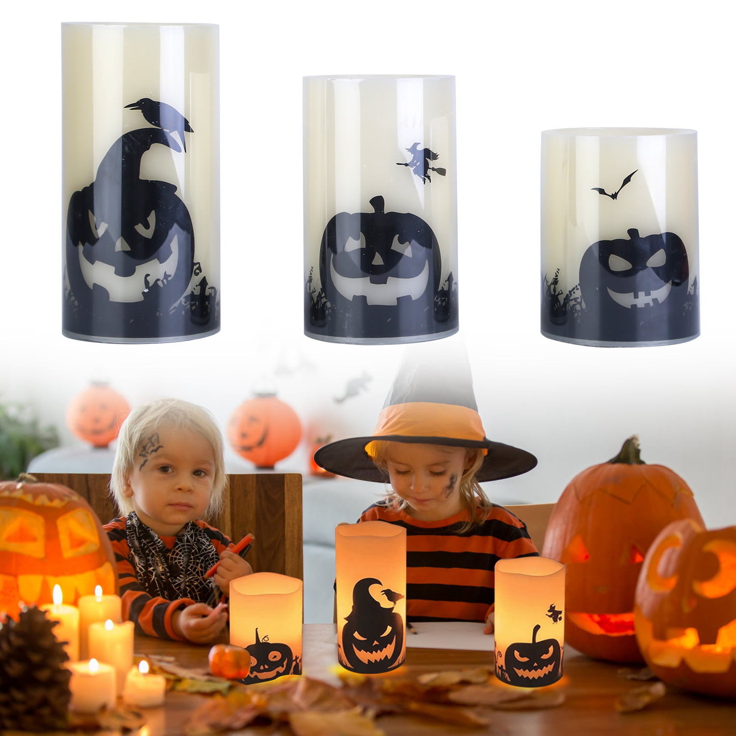 3Pcs Halloween Flameless Warm Orange Light Candle Lamp  Battery Operated Candles w/ Timer Setting