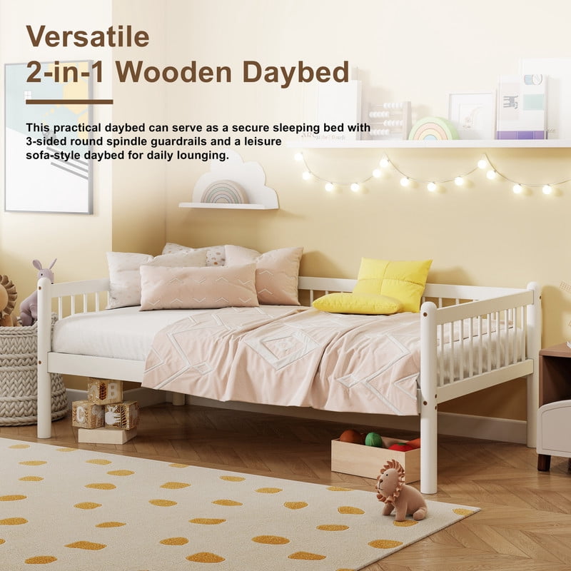 Twin Size Low Profile Platform Sofa Bed with 3-Side Guardrails, Wooden Daybed Frame with 11.8'' Under-Bed Storage