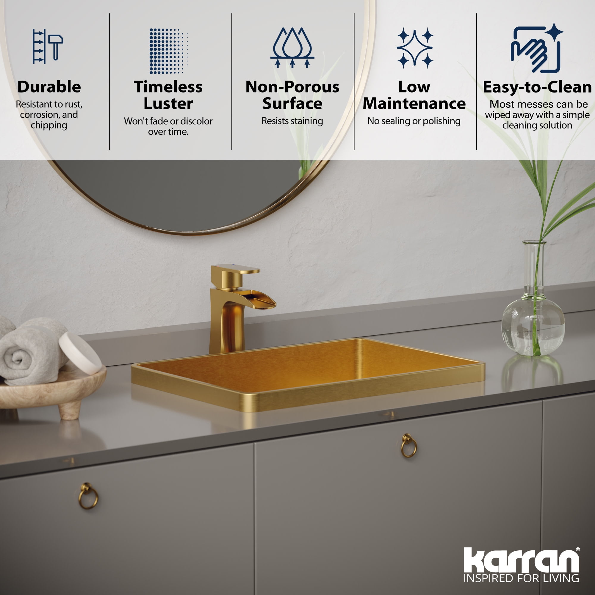 Karran Usa CCT200G Cinox 20" Rectangular Stainless Steel Drop In Bathroom Sink - Gold