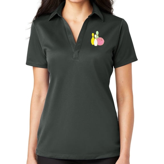 Ladie's Pastel Bowling Pins No Button Polo Shirt, Large Steel Grey