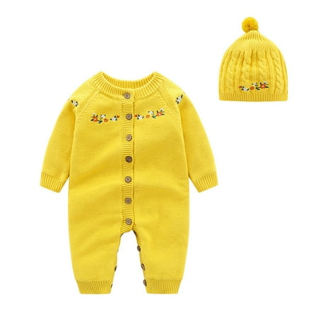 

Infant Baby Autumn and Winter Cartoon Long Sleeved Trousers Bodysuit Knitted Sweater Creeper Fashionable Button One-piece Halter with Knitted Hat