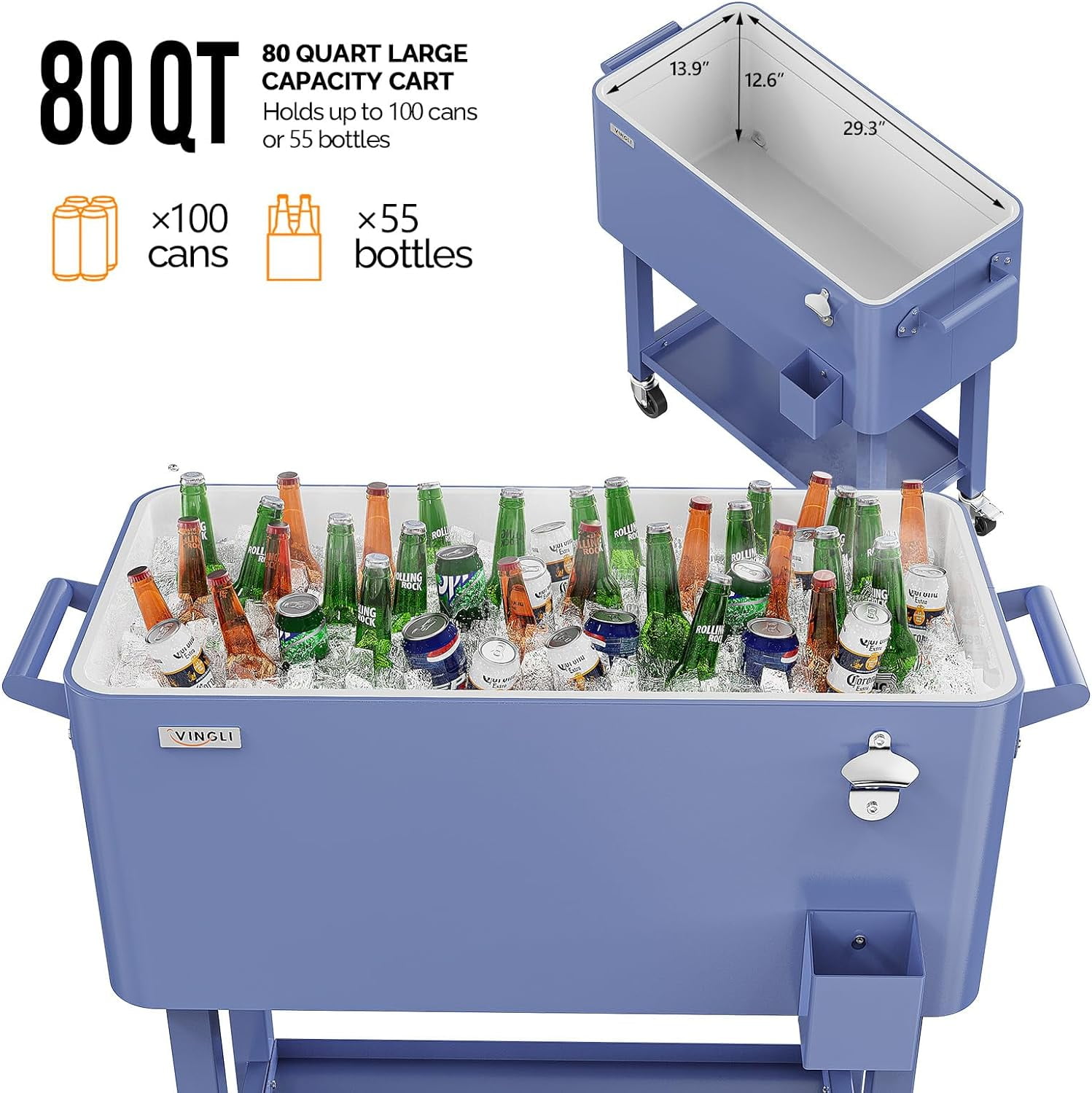 VINGLI 80 qt Steel Cooler Cart, Refrigeration Insulation