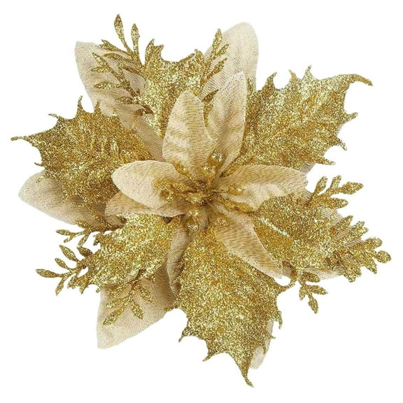 1 Pc Glitter Poinsettia Artificial Flowers Christmas with Clips Stems Xmas Tree Ornaments for Wedding Party Wreath Decoration, 5.7 Inch, Gold