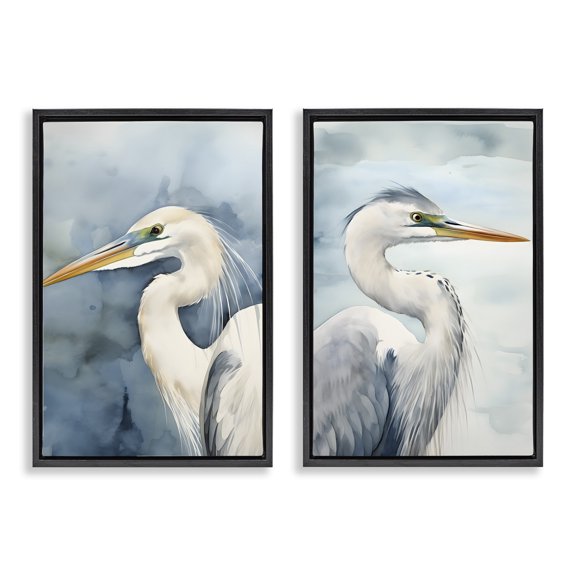 Stupell Industries Watercolor Detailed Beach Birds Animals Painting Black Floater Framed Canvas Art Print Wall Art, 17 x 25, Set of 2