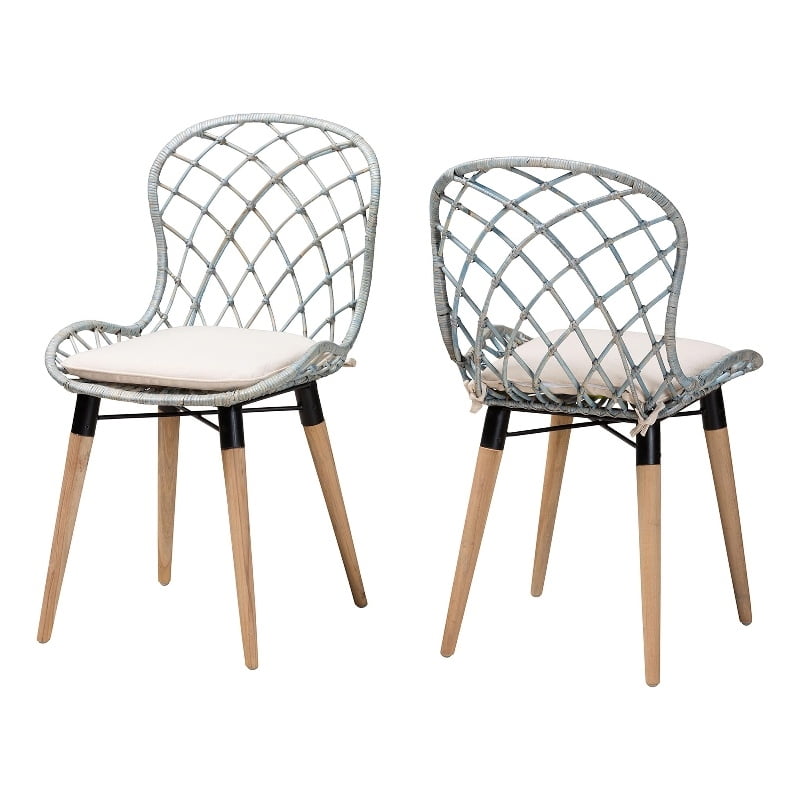 Baxton Studio Sabelle Brown Teak Wood and Light Blue Rattan Dining