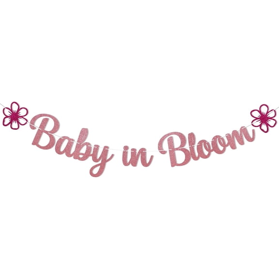 Baby in Bloom Banner - Spring Baby Shower Party Decorations, Floral Welcome Baby Decor, Wildflower Baby Shower Gender Reveal Decorations Rose Gold Glitter