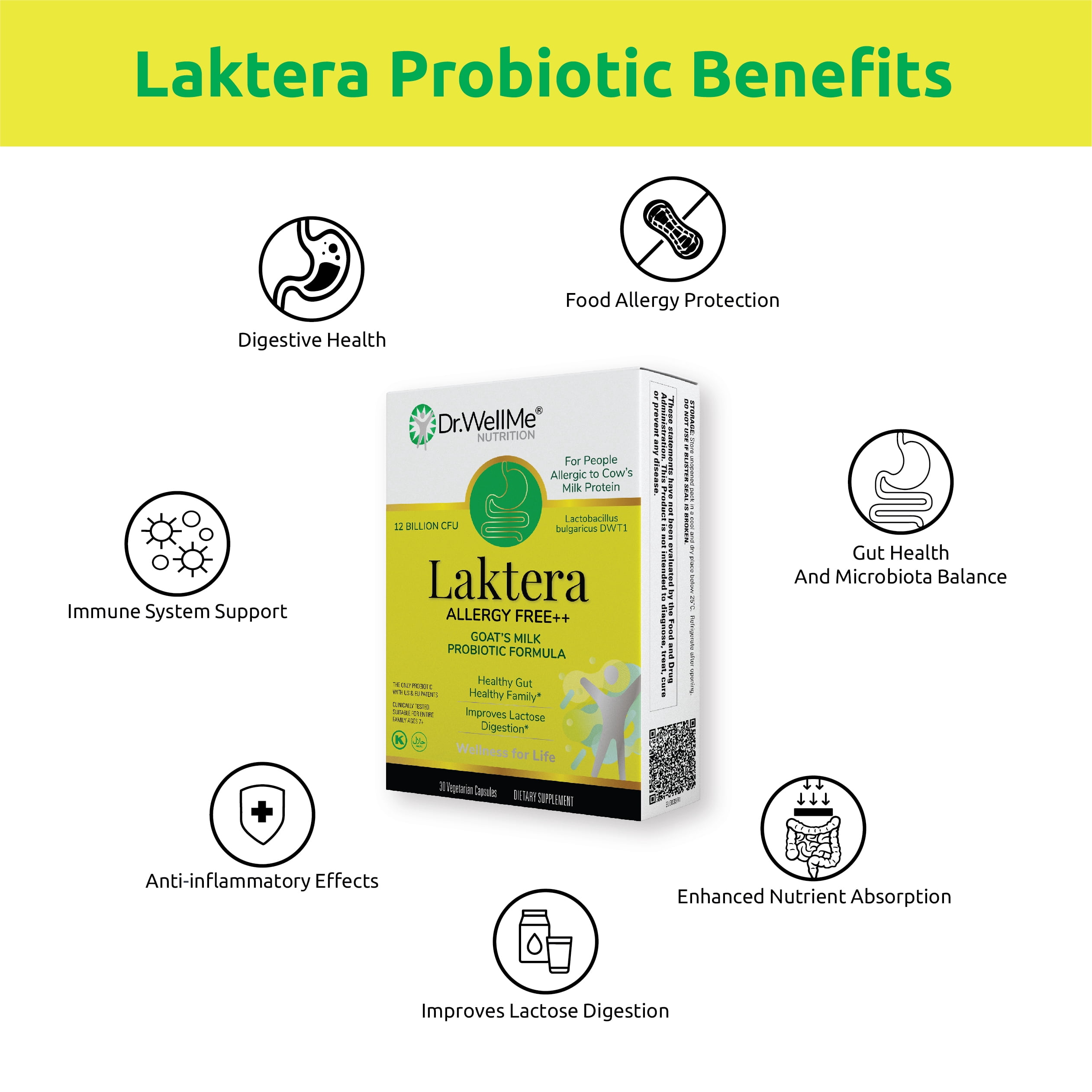 Dr. WellMe Laktera Allergy Free ++ Probiotics for Digestive Health, Immune Support & Gut Health Supplements - Low Lactose Goat’s Milk Probiotic Formula for Women & Men 30 Capsules