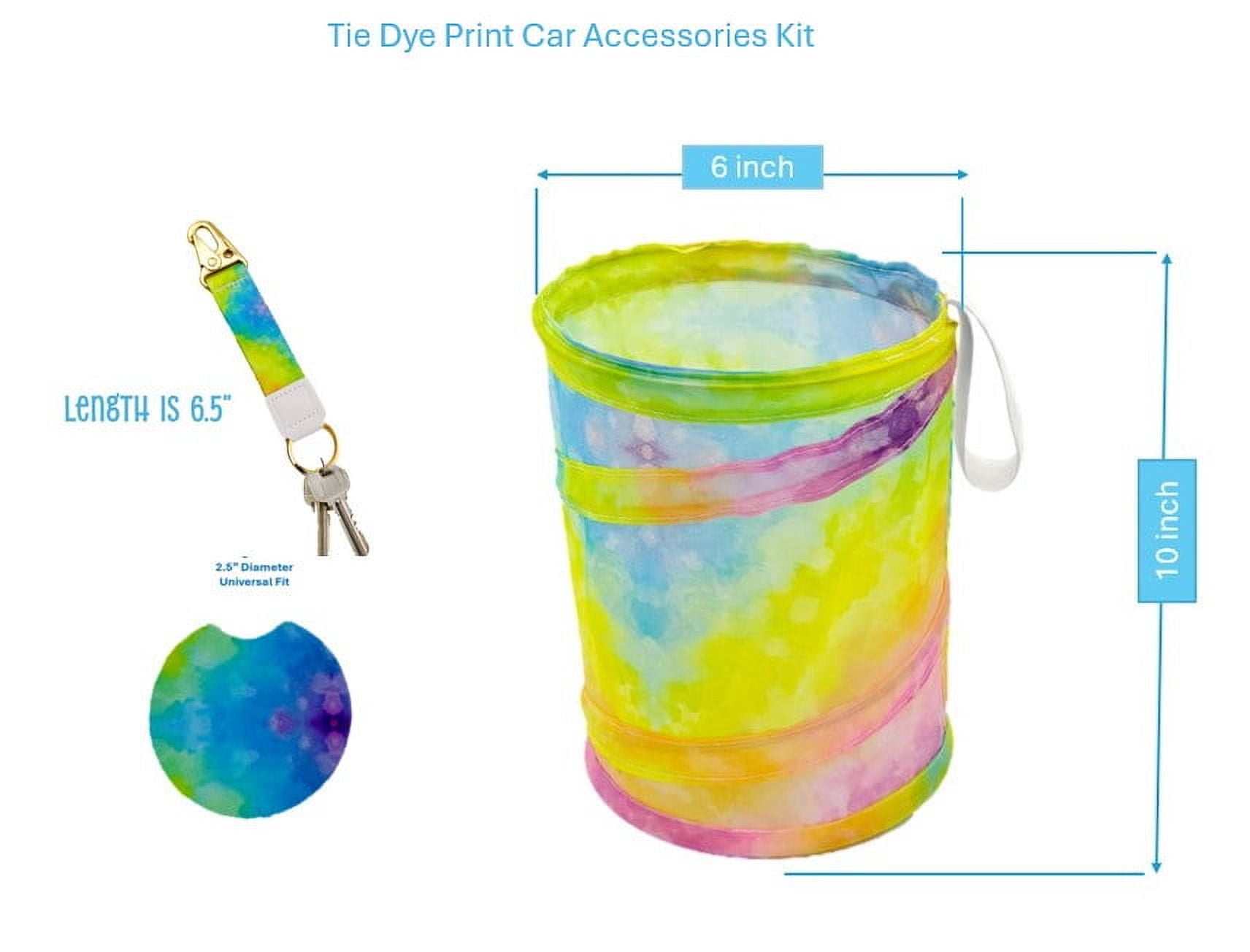 Women's Tie-Dye Print Car Accessory Set with Keychain, Collapsible Trashcan, and Coasters