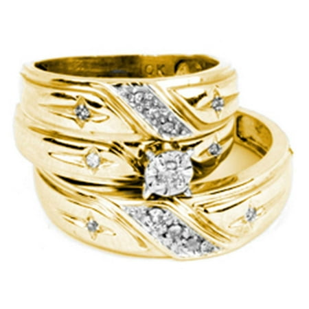 Gold Wedding Band Set - 14kt Yellow Gold His & Hers Round Diamond Solitaire Cross Matching Bridal Wedding Ring Band Set 1/5 Cttw