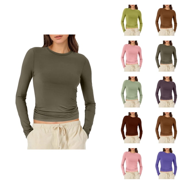 Chemises à Manches Longues pour Femmes 2026 Printemps Décontracté Y2k Court Col Rond Ajusté T-Shirt sous-Vêtement