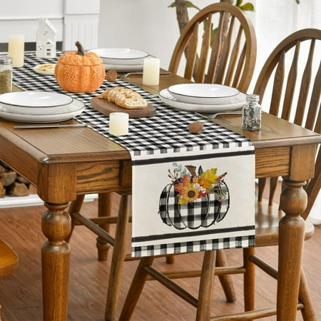 

Autumn Plaid Pumpkin Table Runner Dresser Scarves Thanksgiving Day Cotton Linen Burlap Table Runners for Dining Party Family Holiday Events13x72