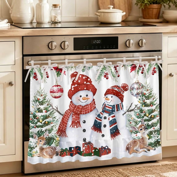 Snowman Christmas Oven Skirt Curtain 32"Wx24"L, Waterproof Ruffled Stove Cover Skirt with 8 Ribbon Ties, Balls Xmas Botanical Tree Decorative Oven Door Curtains Drapes for Kitchen Cabinet Storage