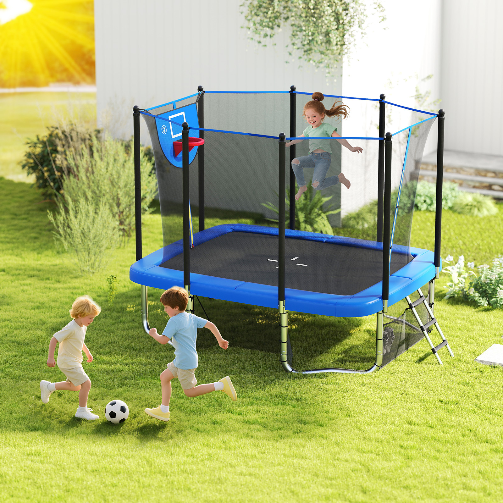 Gymax 10 x 8 FT Heavy-Duty Trampoline w/Basketball Hoop Soccer Goal Non-Slip Ladder Blue
