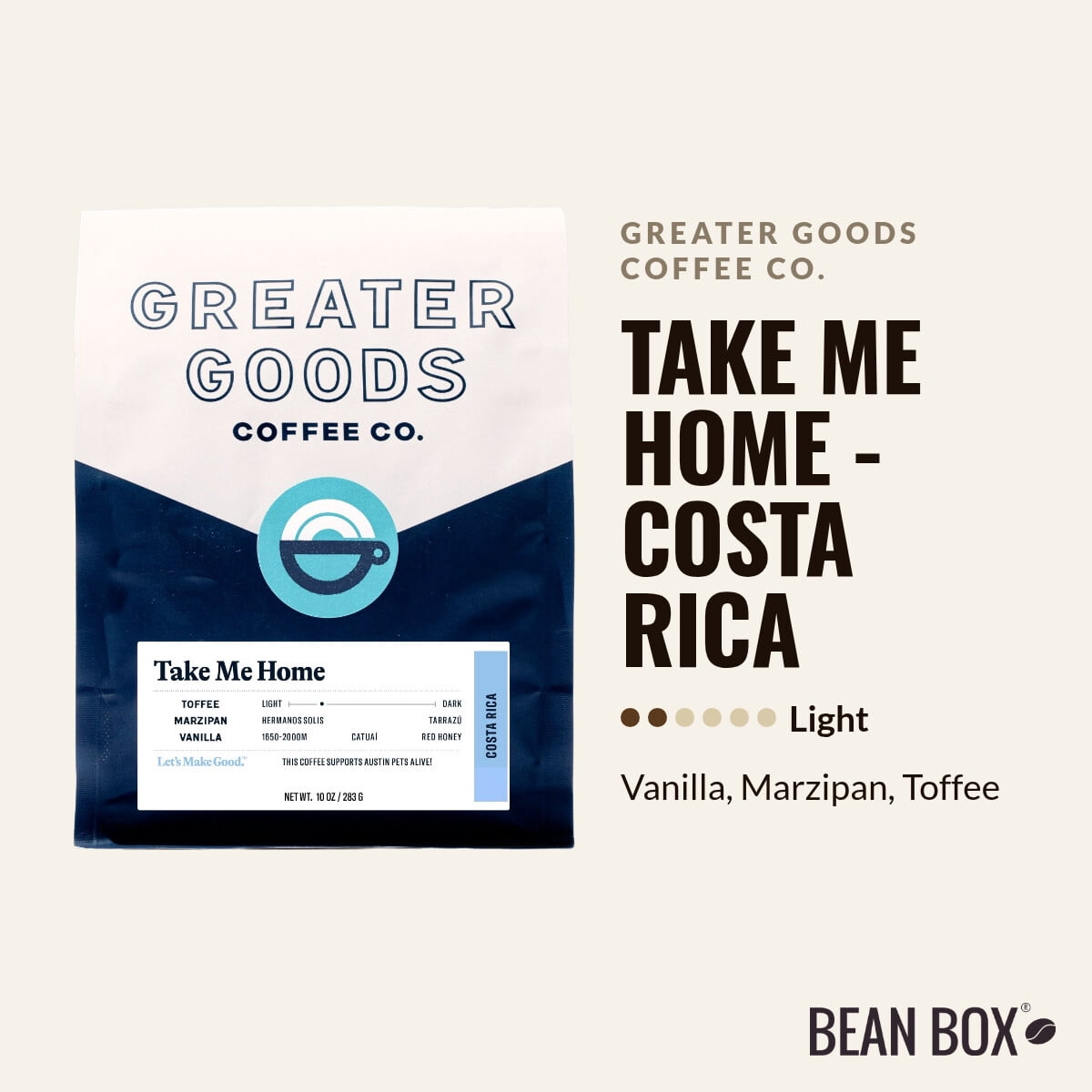 Take Me Home - Costa Rica - Roasted by Greater Goods Coffee Co. - Whole Bean Coffee - 10oz Bag