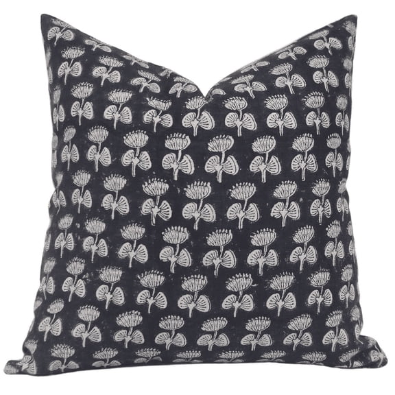 Fabdivine Block Print Throw Pillow Cover, 18x18 Inch Pure Linen Decorative Cushion Cover, Floral Print Boho Design Black Pillow Cover for Sofa and Couch