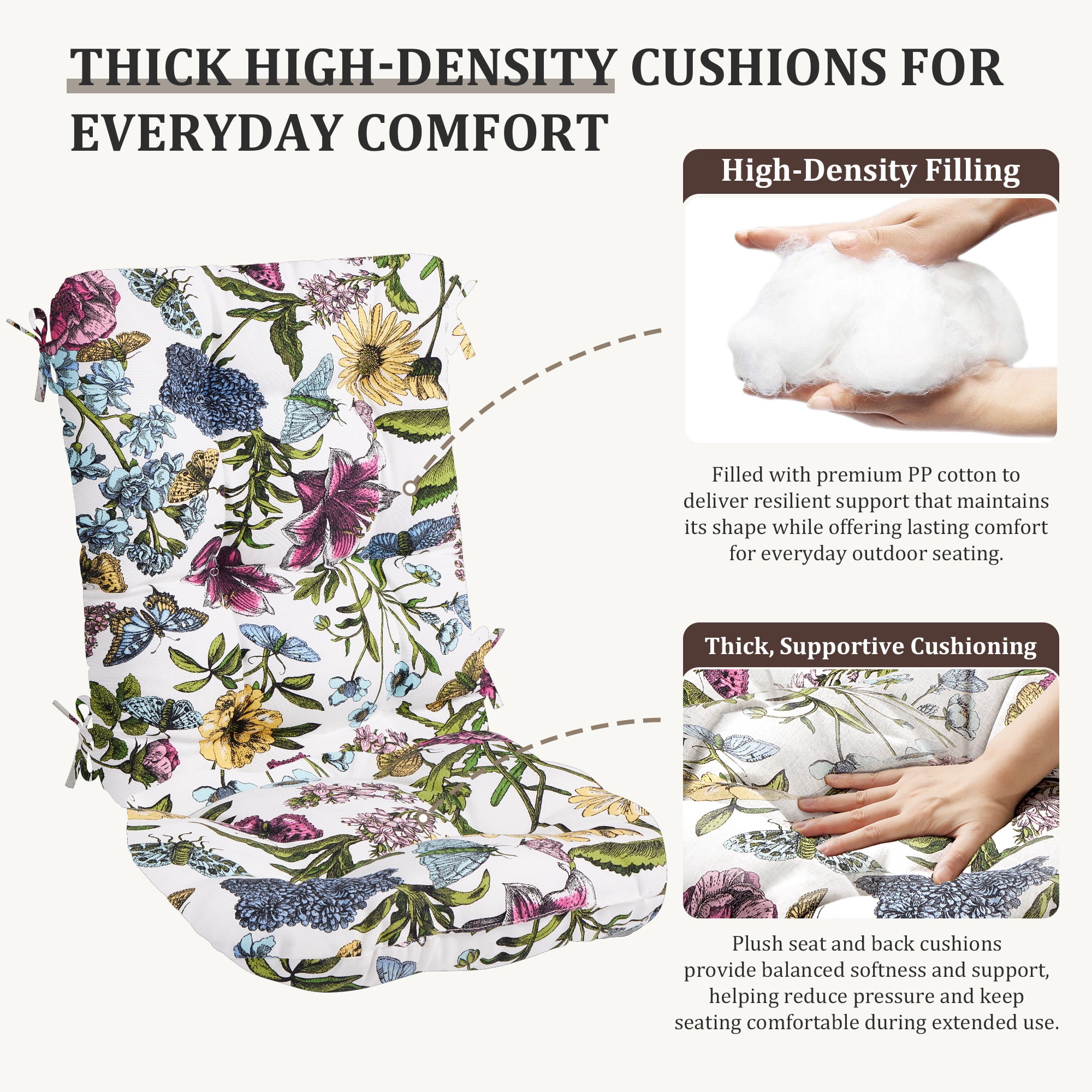 FUNDAZE Outdoor Chair Cushion, 47"L x 19.9"W 1 Piece Cushion W/ Ties for Indoor Outdoor Rocker Chairs, Flower