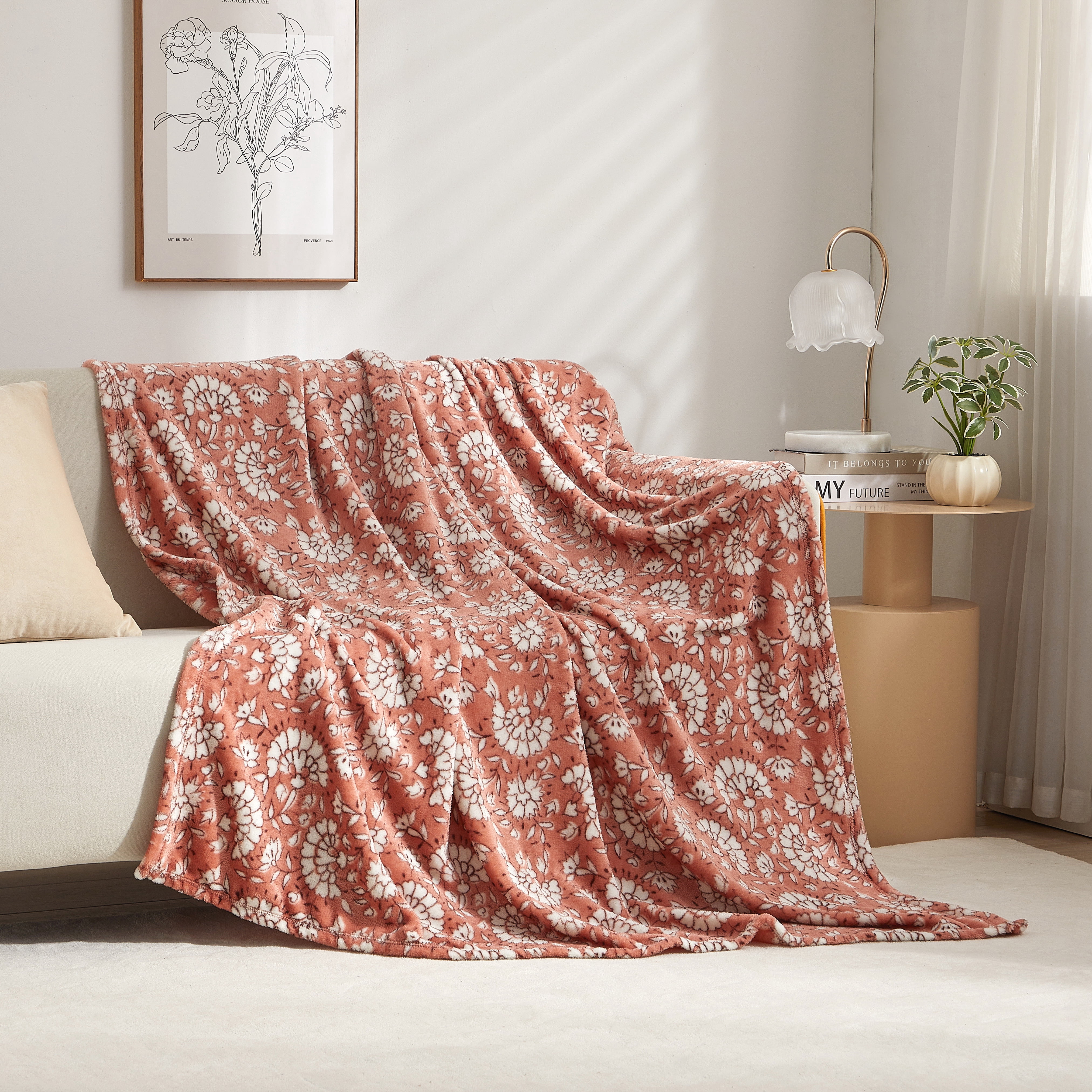 Mainstays Printed Plush Throw Blanket, Jacobean Terracotta Dream, 50 x 60 in