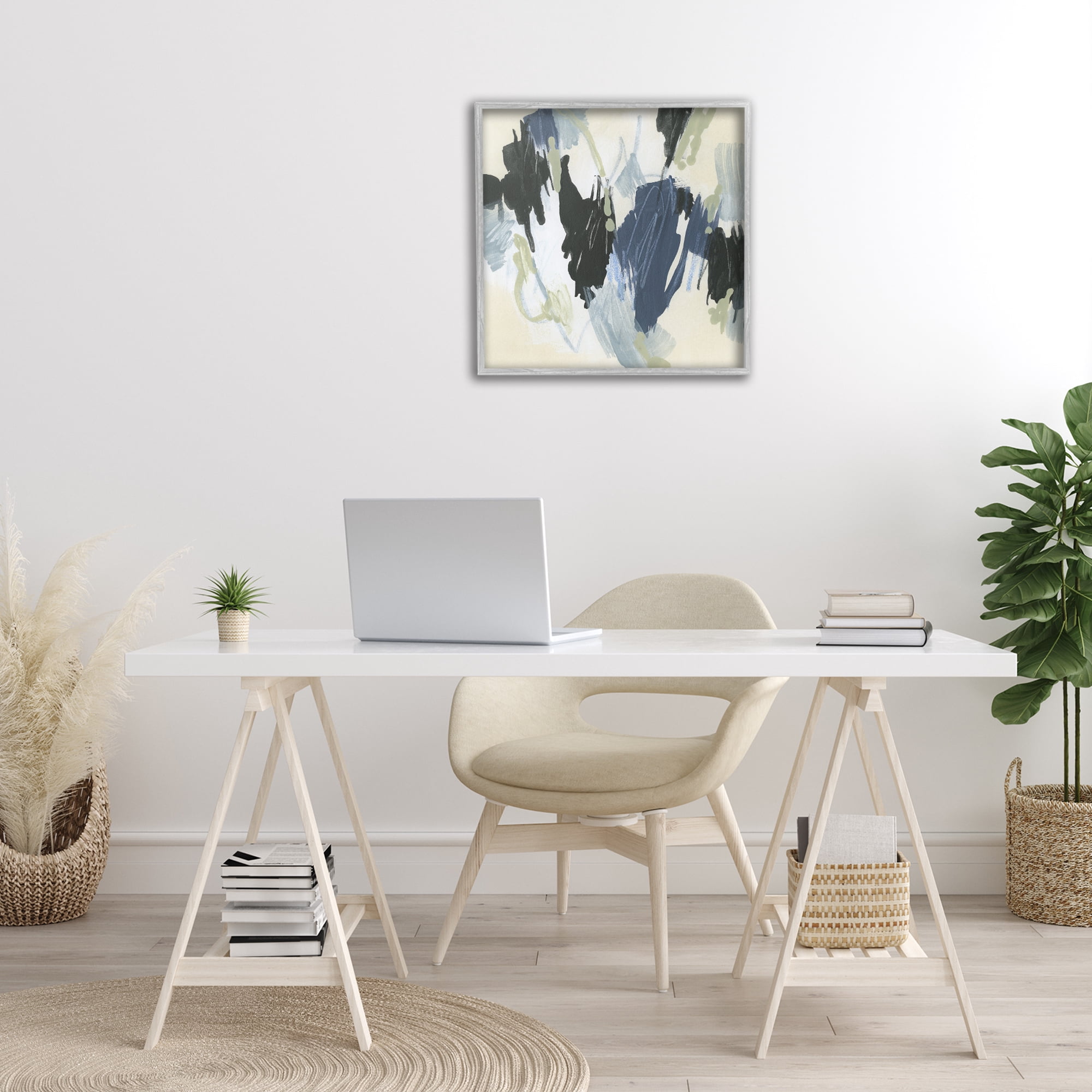 Stupell Industries Blue & Neutral Abstraction Abstract Painting Gray Framed Art Print Wall Art, 24 x 24
