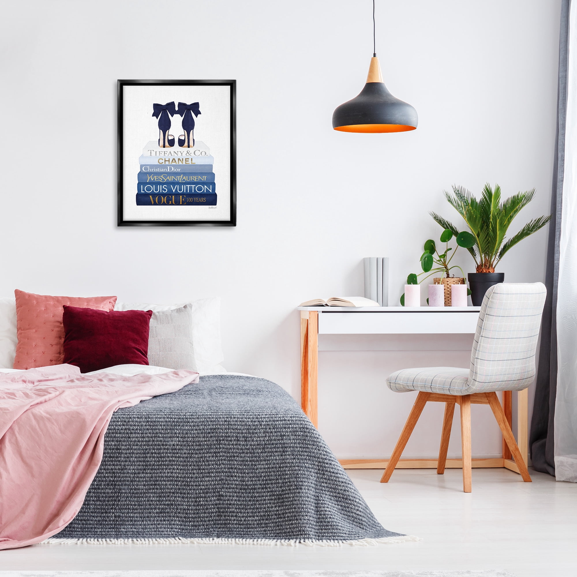 Stupell Industries Navy Blue Heels Chic Bookstack Beauty & Fashion Painting Black Floater Framed Canvas Art Print Wall Art, 25 x 31