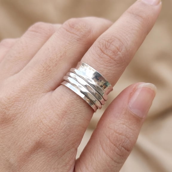TRIDHA SILVER Spinner Fidget Ring Hammered Silver Ring With Textured Rotating Band, Minimalist Statement Jewelry For Women Everyday Wear