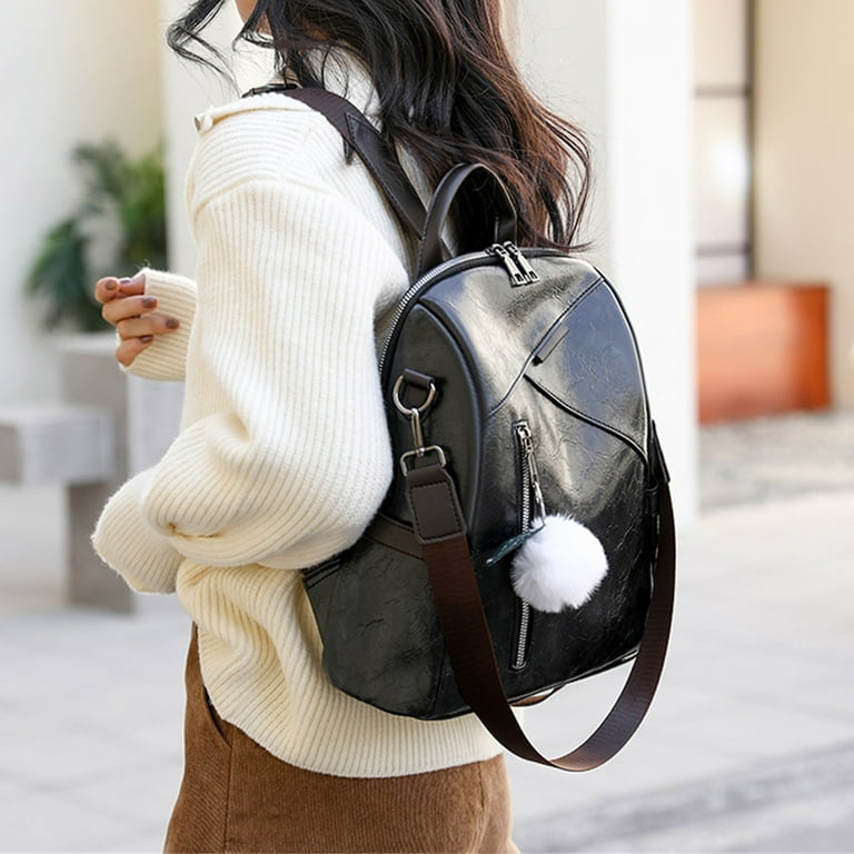 Stylish Womens Black Leather Rucksack Plain Black Backpack For