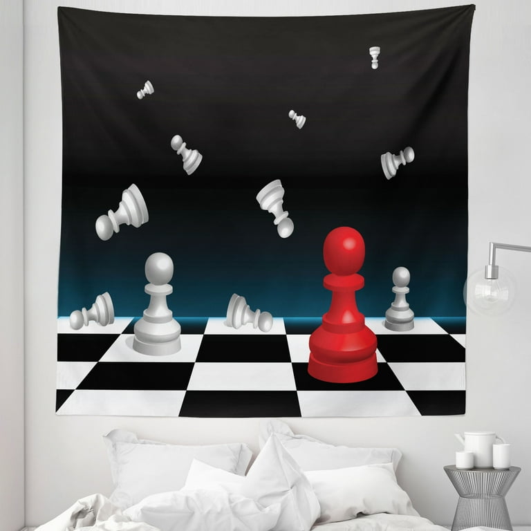 Game Tapestry Chess Play Logic Thinking Chessboard Geometric Squares Monochrome Artwork Fabric Wall Hanging Decor for Bedroom Living Room Dorm 5