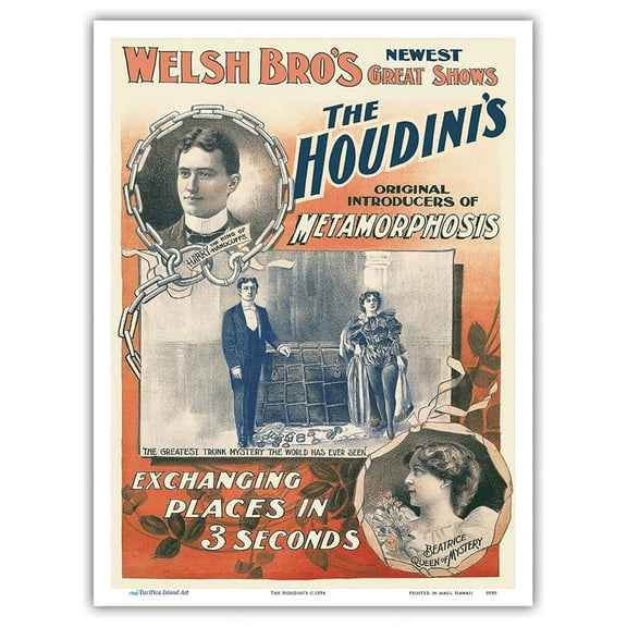 The Houdini’s - Harry and Beatrice Houdini - Welsh Brothers Circus - Vintage Magic Poster c.1894 - Master Art Print (Unframed) 9in x 12in
