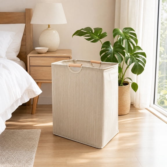 Boho Striped Laundry Basket Foldable Fabric Storage Hamper Wooden Handles Waterproof Clothes Organizer Bin Bedroom Bathroom Laundry Room Blanket Towel Storage Home Organization