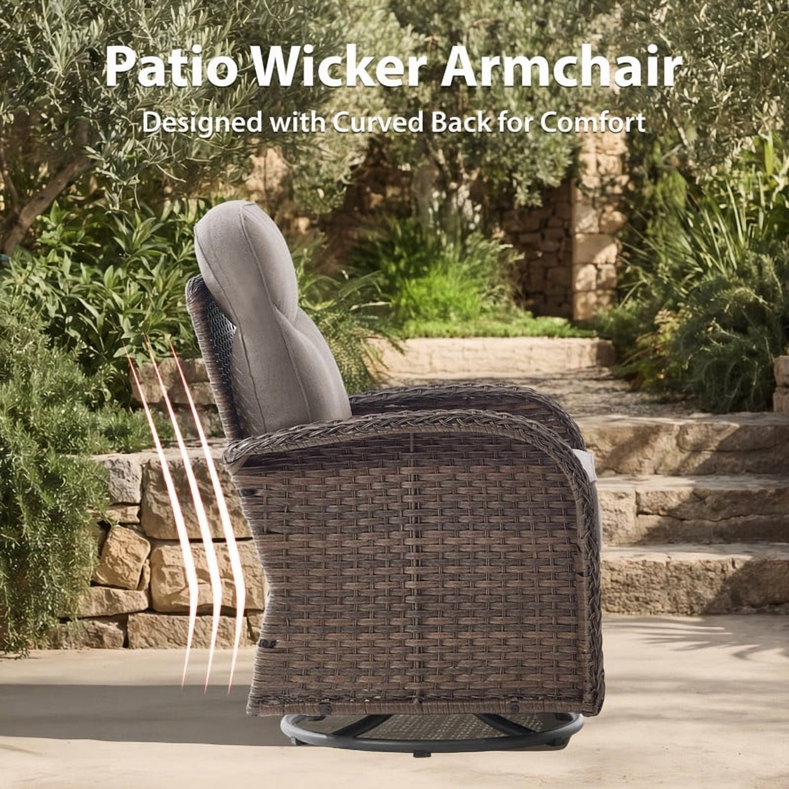 Giantfurnni 3-Piece Patio Wicker Swivel Rocking Chairs with Side Table Outdoor Rattan Conversation Furniture Patio Bistro Set with 6" Thick Cushions for Porch Garden Deck, Gray