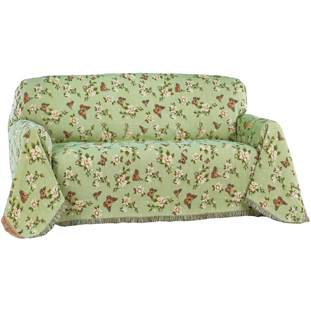 Floral Butterfly Tapestry Throw Protective Furniture Cover, Sage Green Tuck Between Cushions